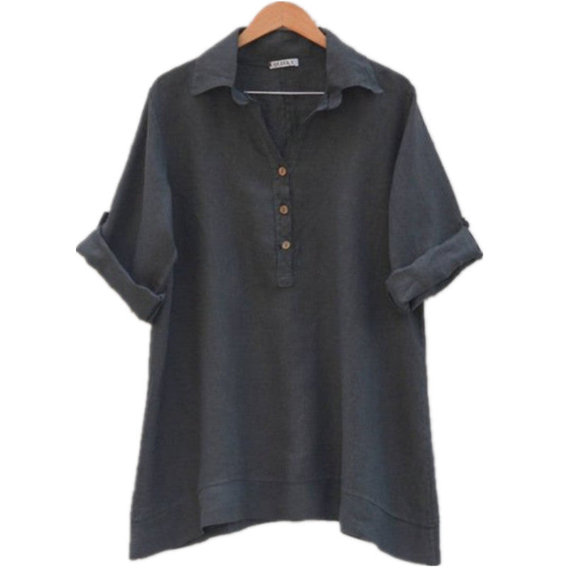 Damen Leinenbluse Rollkragen Elegante Knöpfe Weiß