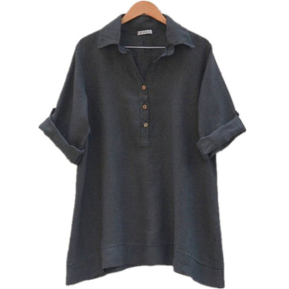 Damen Leinenbluse Rollkragen Elegante Knöpfe Weiß