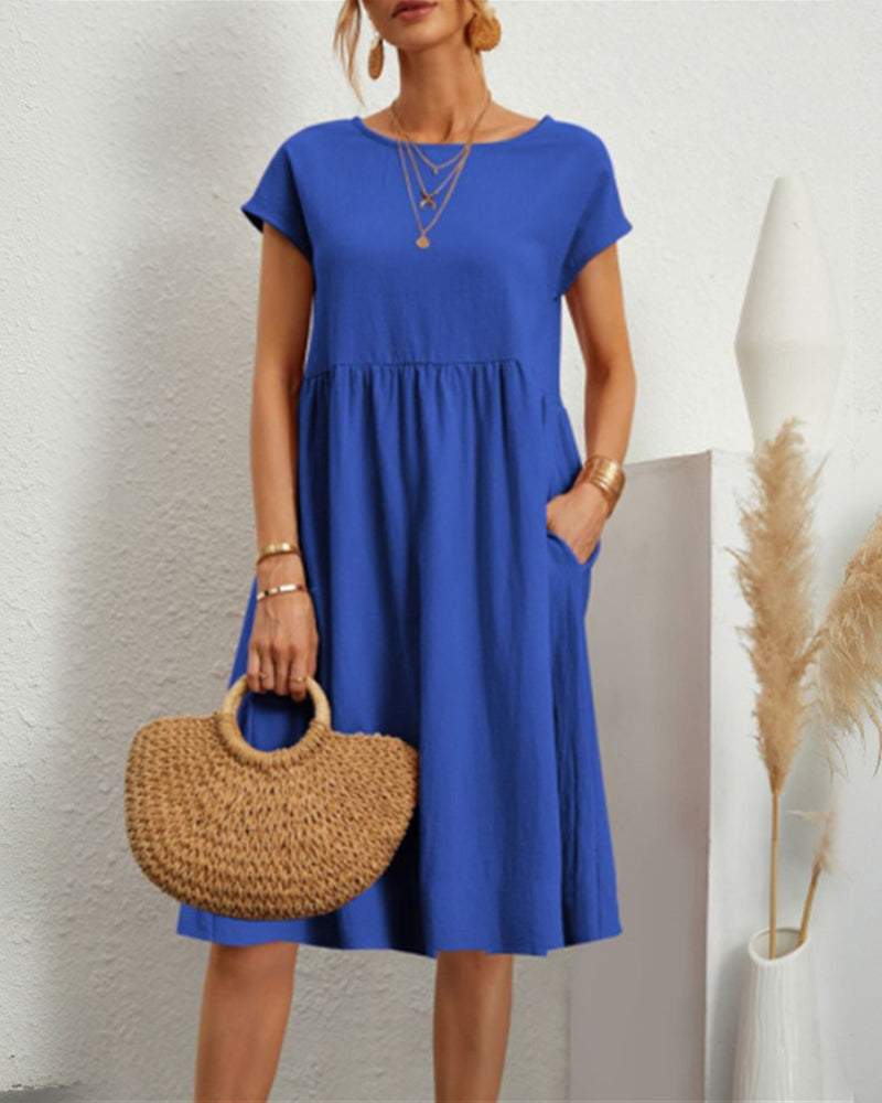 Damen Sommerkleid Uni-Farben Rundhalsausschnitt Kurzarm Midi-Länge