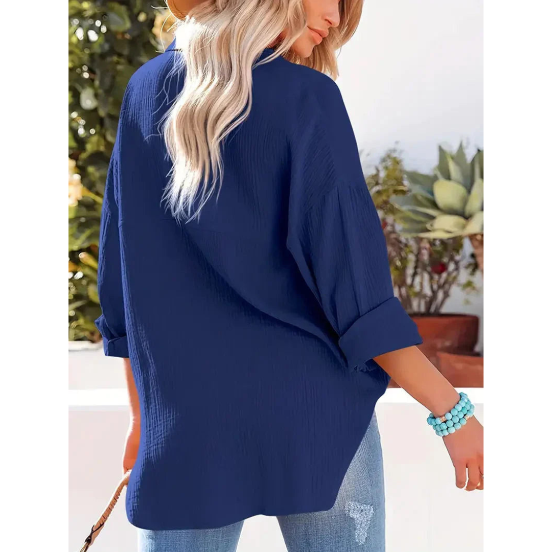 Damen Bluse Unifarbe Knopfleiste Hemdkragen Elegante Langarmbluse