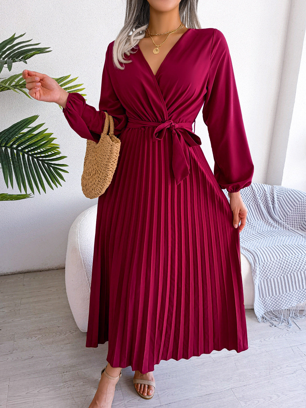 Damen Maxikleid Elegantes Faltenkleid mit Taillengürtel