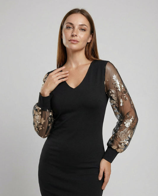 Schwarzes Damen Midikleid Blumenmuster Mesh - Eveloria