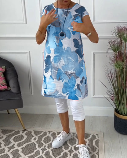 Damen Longtop Blumenprint Farbig Baumwolle Relaxed Fit