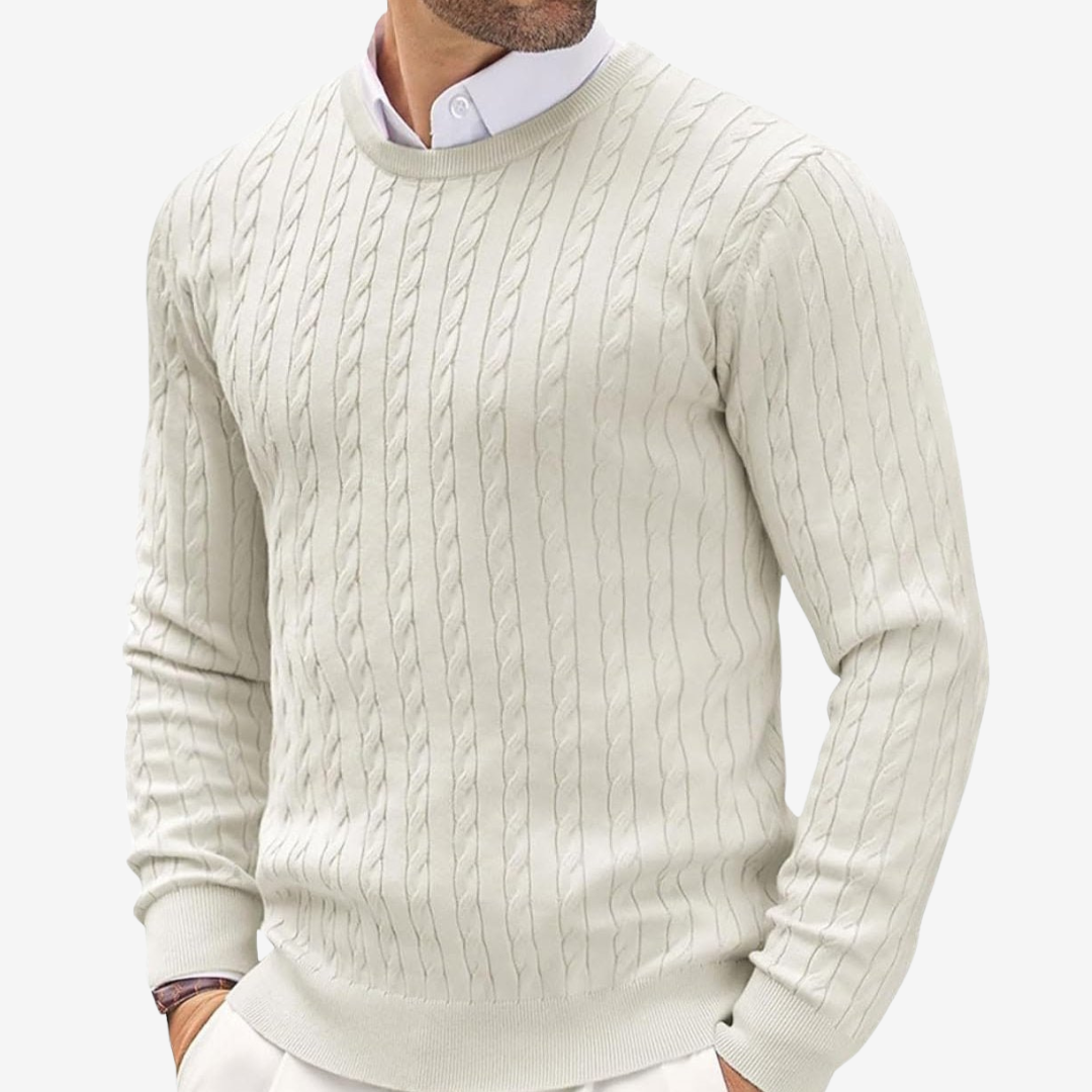 Herren Strickpullover Rundhals Zopfmuster Beige