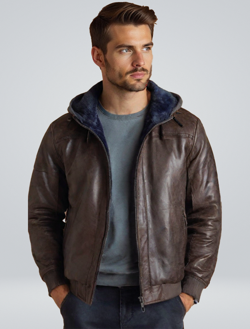Heinrich Herren Leder Winterjacke Mit Kapuze Schwarz - Norvielle