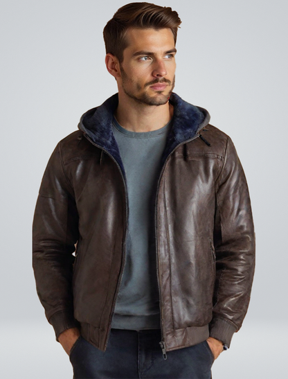 Heinrich Herren Leder Winterjacke Mit Kapuze Schwarz - Norvielle