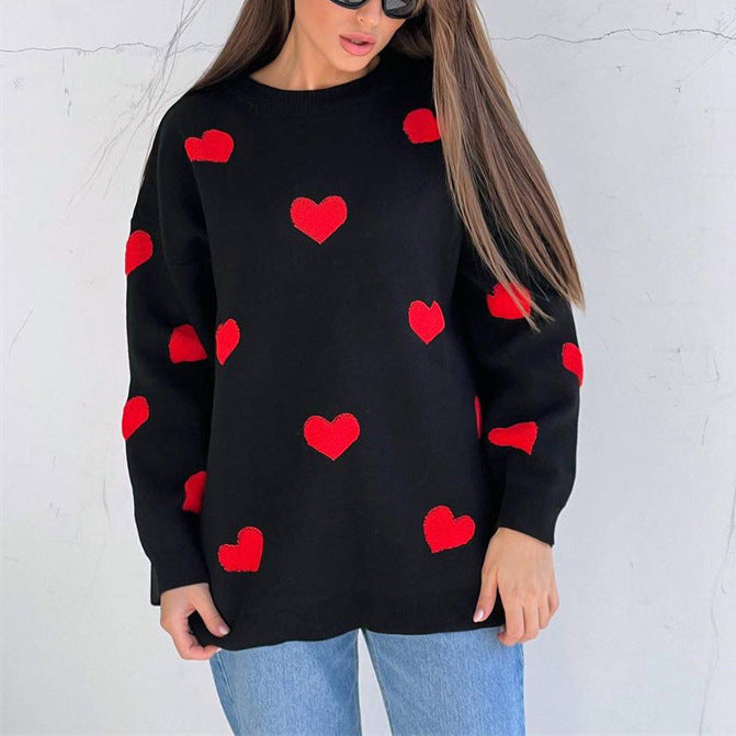 Eveloria Damen Strick Sweatshirt Langarm Übergröße Herzmuster