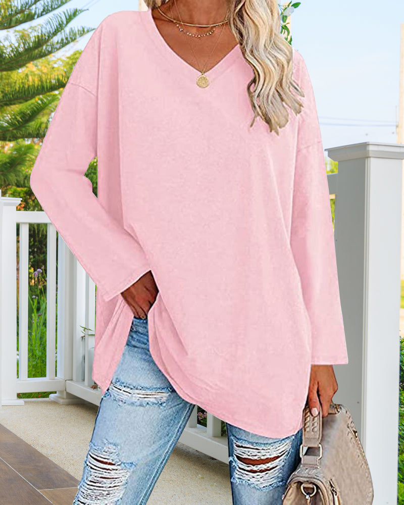 Eveloria Damen Langarm T-Shirt V-Ausschnitt Einfarbig