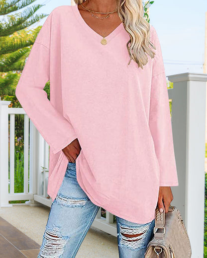Eveloria Damen Langarm T-Shirt V-Ausschnitt Einfarbig