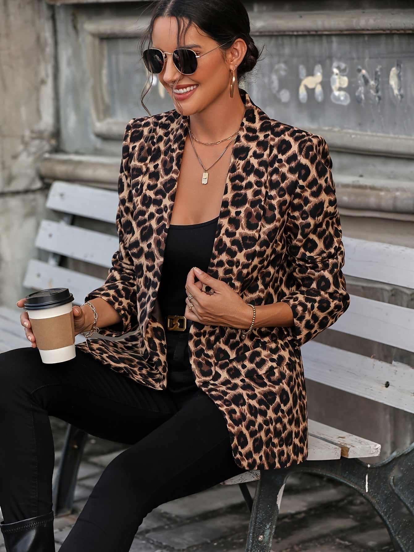 Eveloria Damen Business Langblazer Leopardenmuster