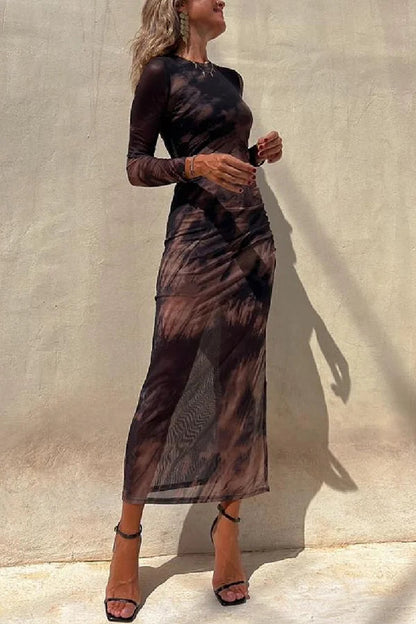 Damen Midi Kleid Langarm Rüsch Mesh Stretch Charm Lady Tie Dye
