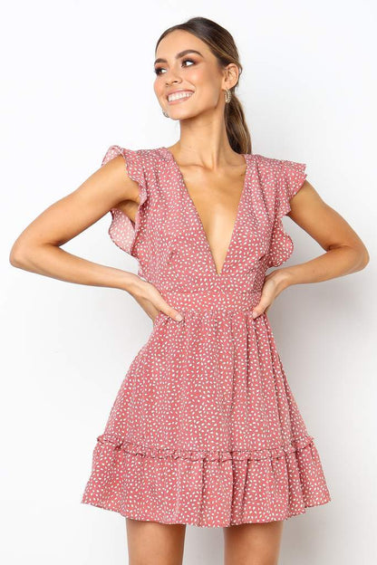 Damen Minikleid Sommer Rüschen V-Ausschnitt Eveloria