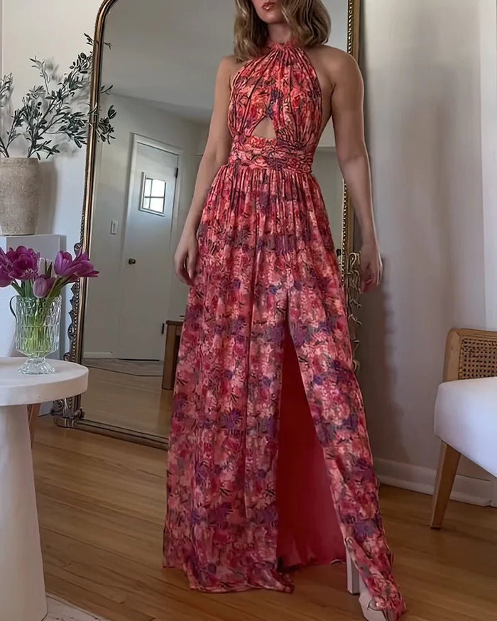 Ärmelloses Damenmaxikleid Blumenprint Neckholder Sommerkleid - Eveloria