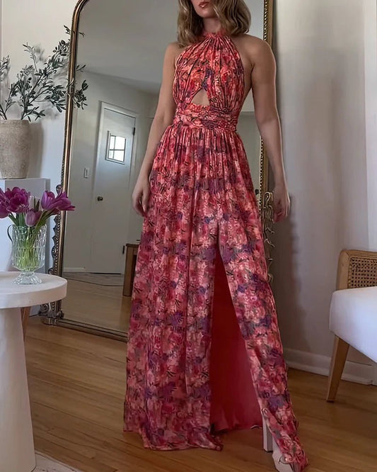 Ärmelloses Damenmaxikleid Blumenprint Neckholder Sommerkleid - Eveloria