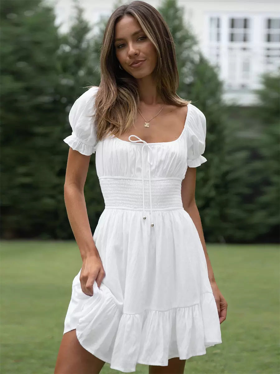 Damen Sommerkleid Puffärmel Rüschenrock Mini
