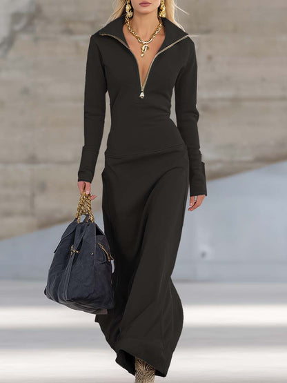 Damen Maxikleid Elegantes Langkleid Reißverschlusskragen