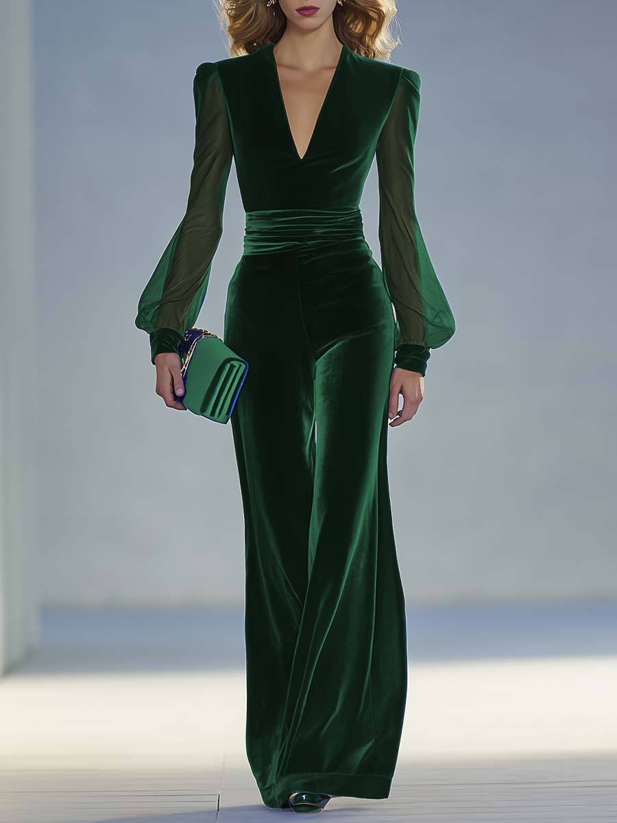 Damen Samt-Jumpsuit V-Ausschnitt Elegent