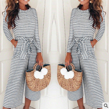 Damen Jumpsuit Lässiger Bindegürtel Gestreift Eveloria