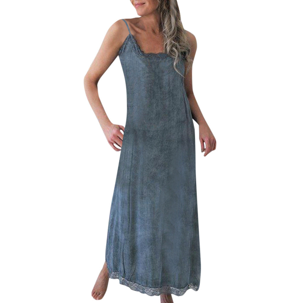 Damen Maxikleid Spitzenverzierung Feine Träger