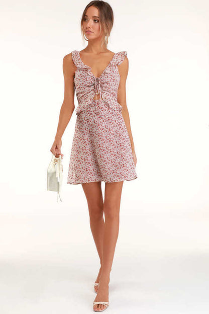 Damen Minikleid Rüschendetails Blumenmuster Eveloria