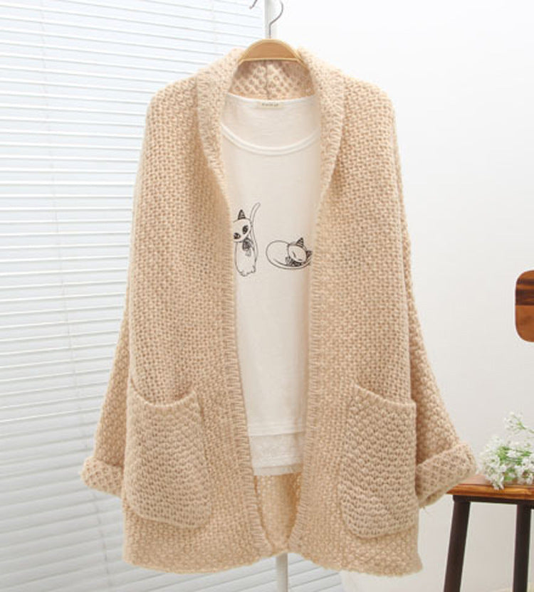 Damen Grobstrick-Cardigan Offene Kanten Praktische Taschen Beige
