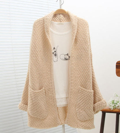 Damen Grobstrick-Cardigan Offene Kanten Praktische Taschen Beige