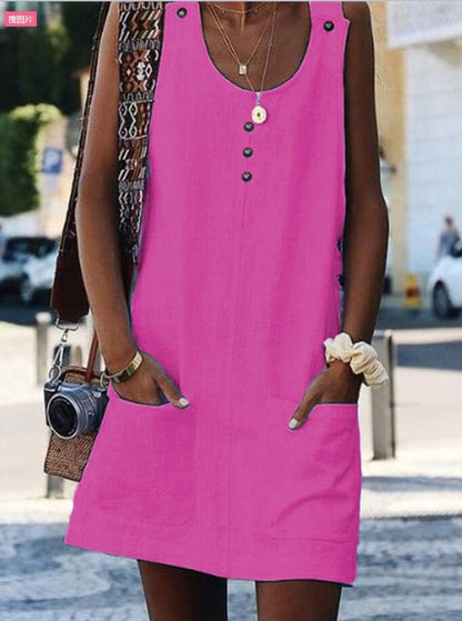 Damen Sommerkleid Leicht mit Knöpfen und Taschen Eveloria