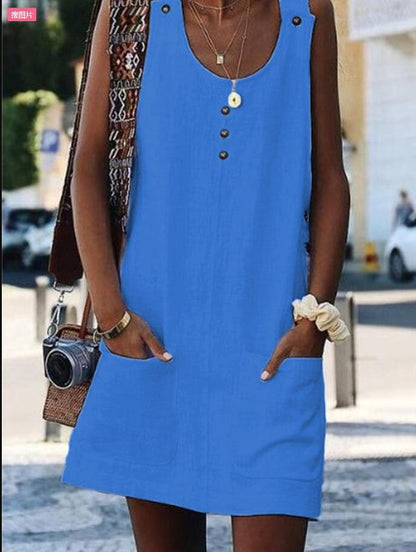Damen Sommerkleid Leicht mit Knöpfen und Taschen Eveloria