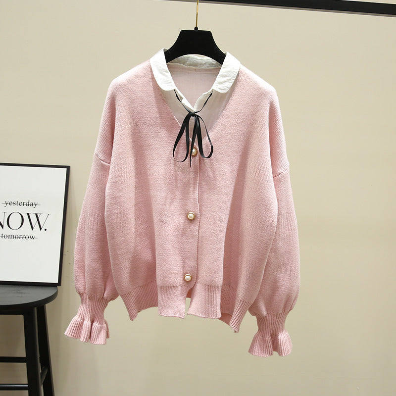 Damen Strickjacke Weit Perlenknöpfe Beige