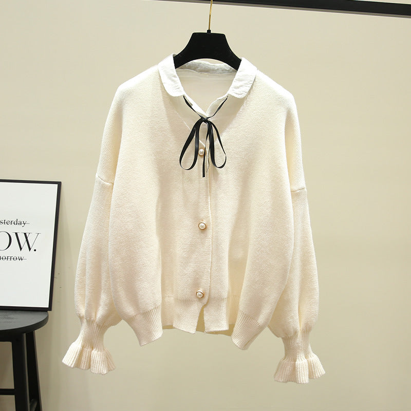 Damen Strickjacke Weit Perlenknöpfe Beige