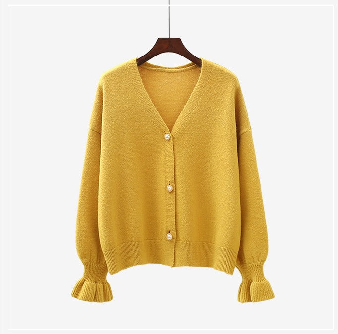 Damen Strickjacke Weit Perlenknöpfe Beige