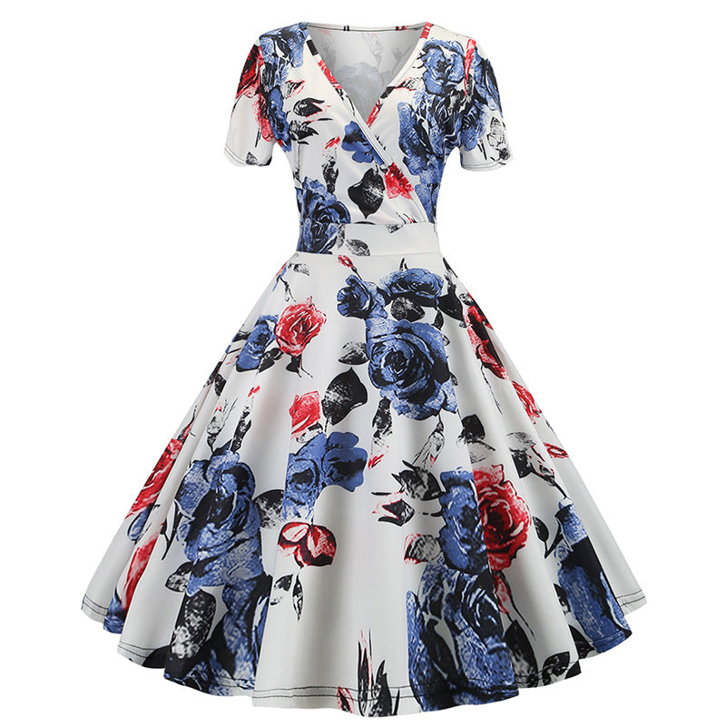 Damen Swing-Kleid Floralmuster V-Ausschnitt Eveloria - Eveloria
