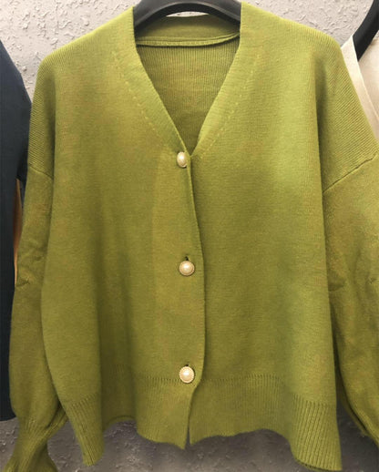 Damen Strickjacke Weit Perlenknöpfe Beige