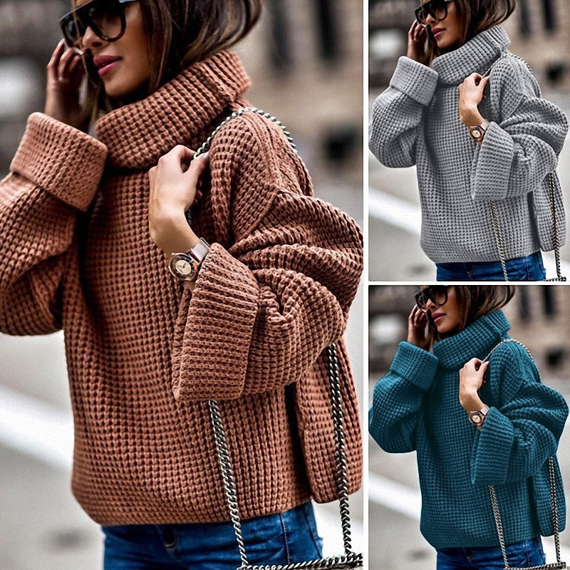 Damen Grobstrickpullover Hochschließend Voluminöse Ärmel Eveloria - Eveloria