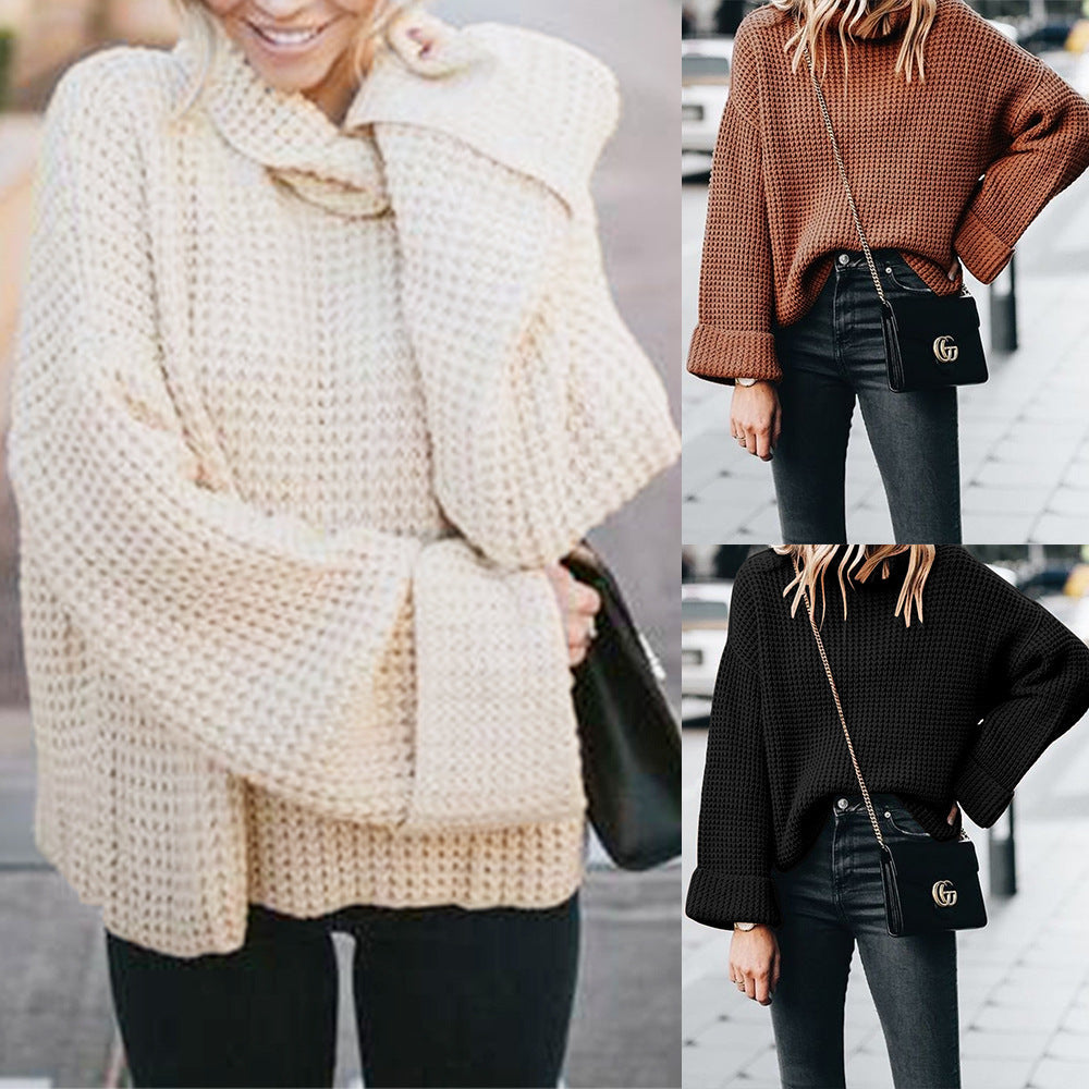 Damen Grobstrickpullover Weite Ärmel Hoher Kragen Eveloria