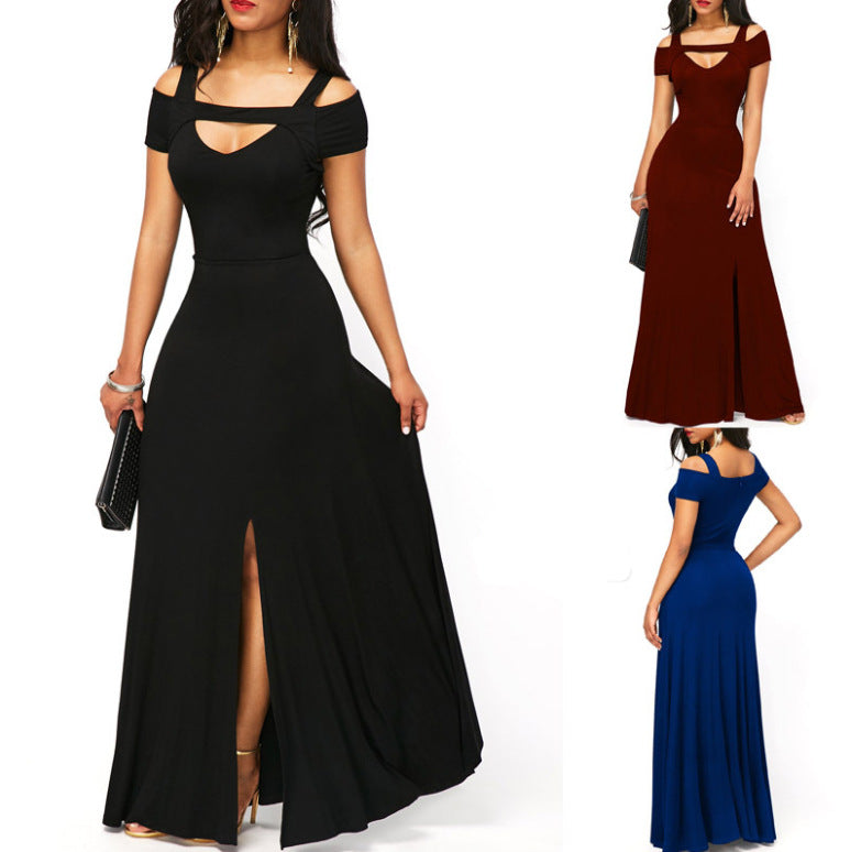 Damen Maxikleid Schulterfrei Elegant Schlitz Schwarz Eveloria - Eveloria