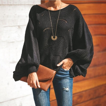 Damen Oversized Strickpullover Wellenmuster Weite Ärmel