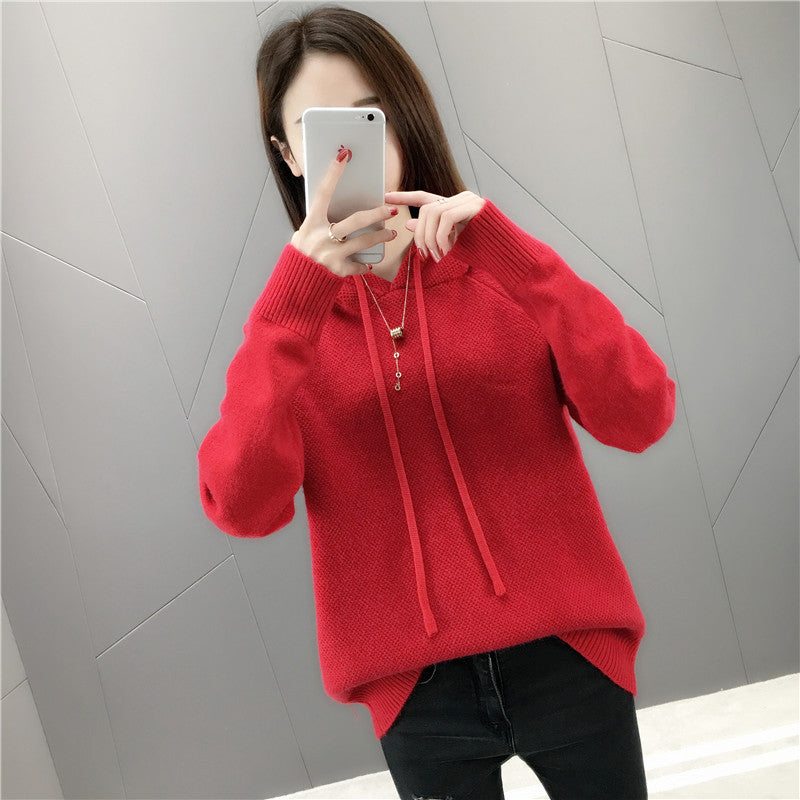 Damen Strickpullover Mit Kapuze Und Kordelzug