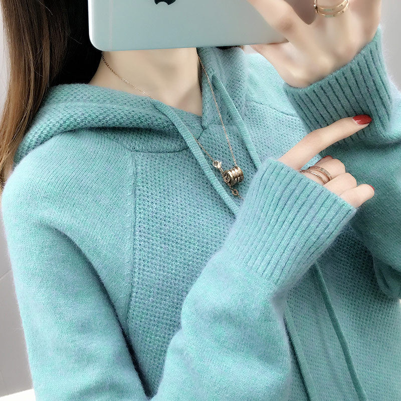 Damen Strickpullover Mit Kapuze Und Kordelzug