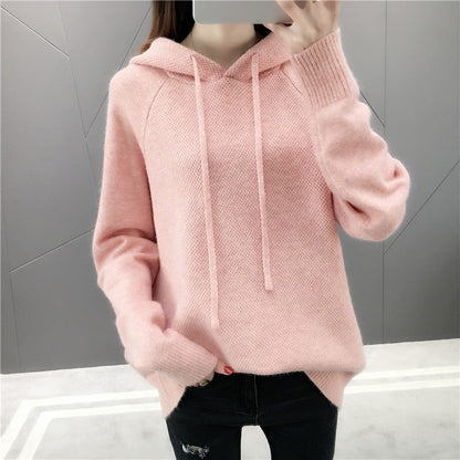 Damen Strickpullover Mit Kapuze Und Kordelzug