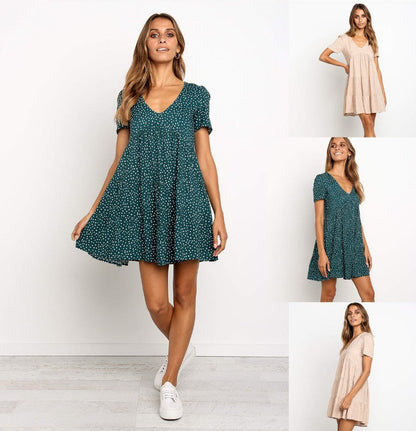 Damen Kurzarmkleid Baumwolle Voluminöser Rock Rosa - Eveloria