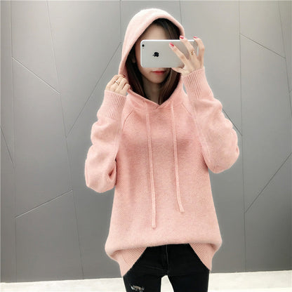 Damen Strickpullover Mit Kapuze Und Kordelzug