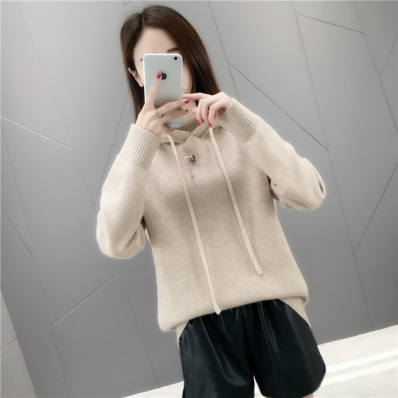 Damen Strickpullover Mit Kapuze Und Kordelzug
