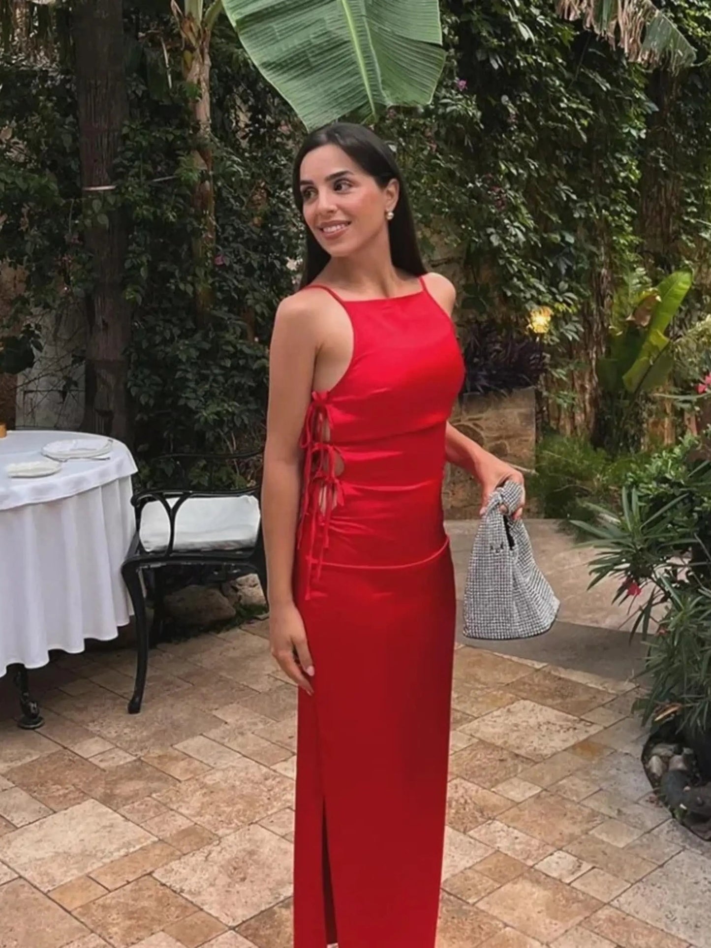 Damen Rotes Maxi-Kleid mit Schnürung
