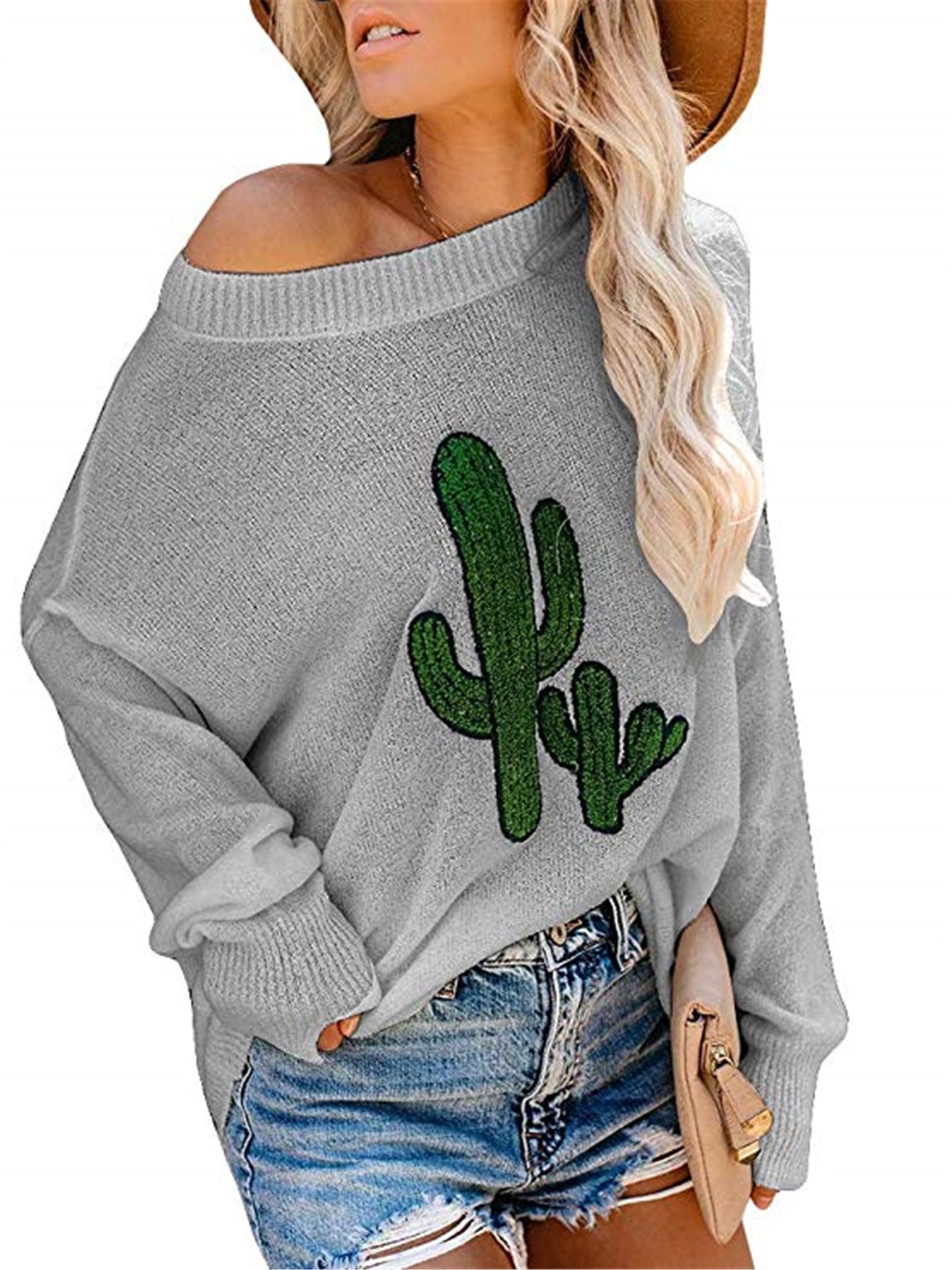 Damen Oversize Pullover Cactus-Design Rundhalsausschnitt Eveloria