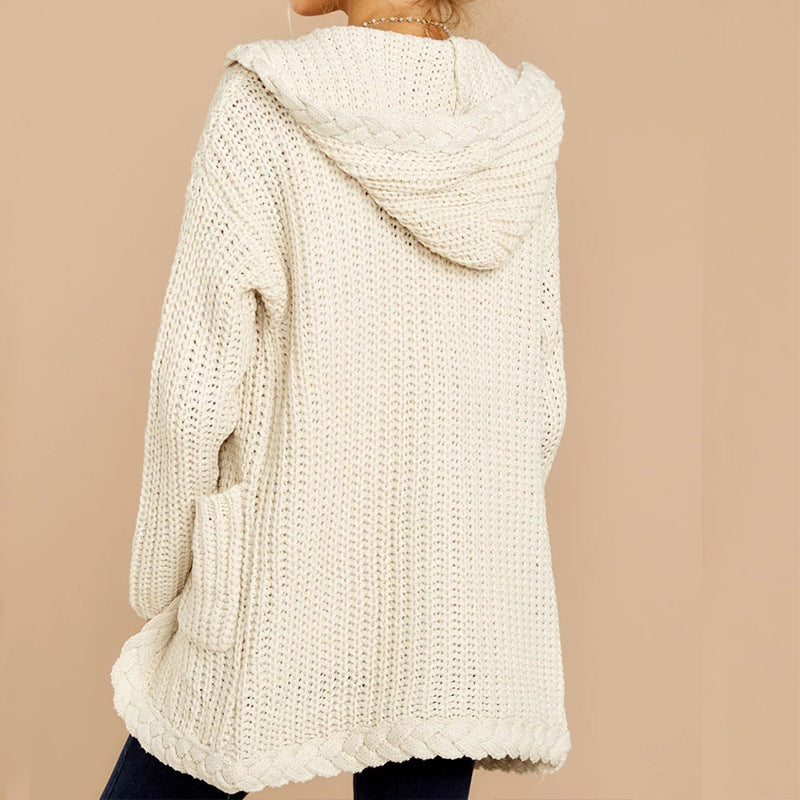 Damen Strickjacke Kapuze Taschen Weich Grobstrick