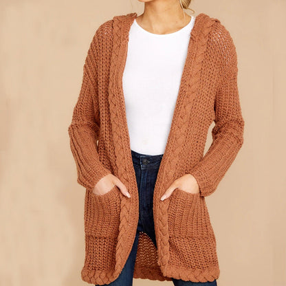 Damen Strickjacke Kapuze Taschen Weich Grobstrick