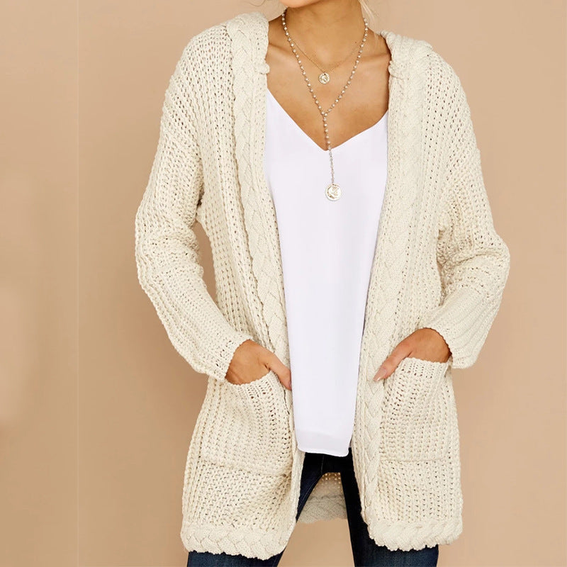 Damen Strickjacke Kapuze Taschen Weich Grobstrick