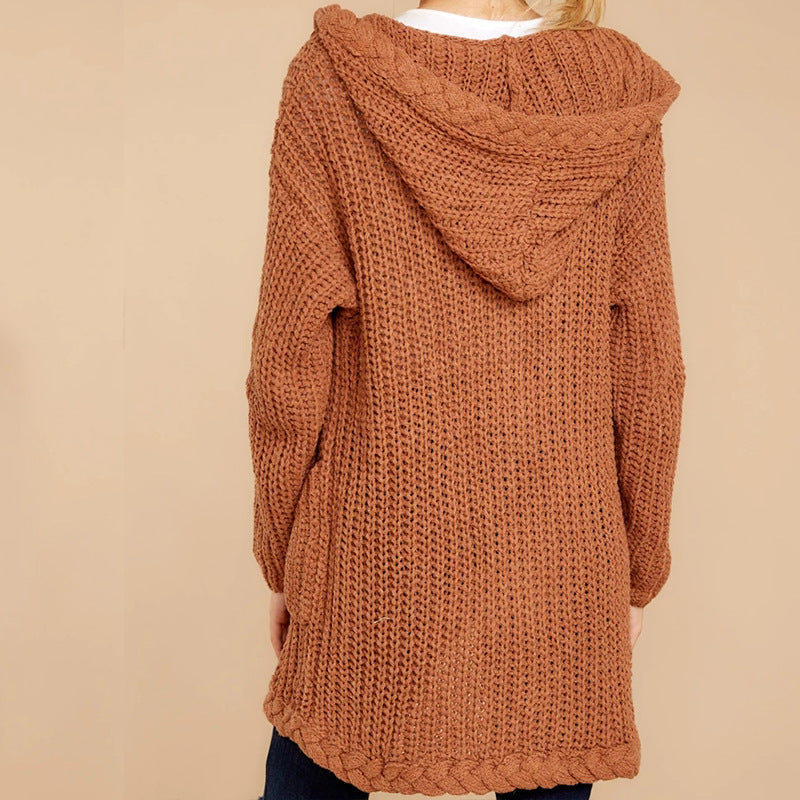 Damen Strickjacke Kapuze Taschen Weich Grobstrick