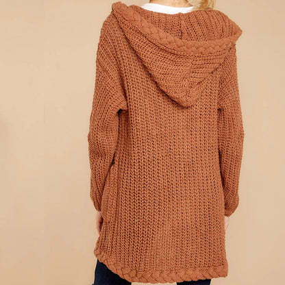 Damen Strickjacke Kapuze Taschen Weich Grobstrick